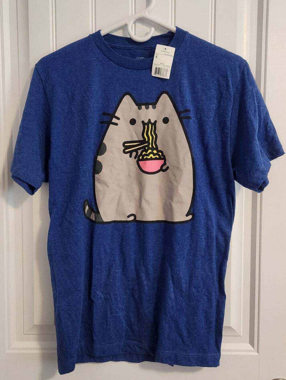 NWT Pusheen Cat Eating a Bowl of Noodles Blue T-Shirt, Unisex Small